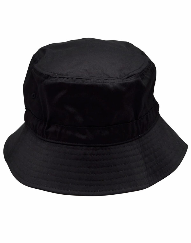 A black bucket hat with a toggle, featuring a wide brim and a structured top. It has a logo on the side.