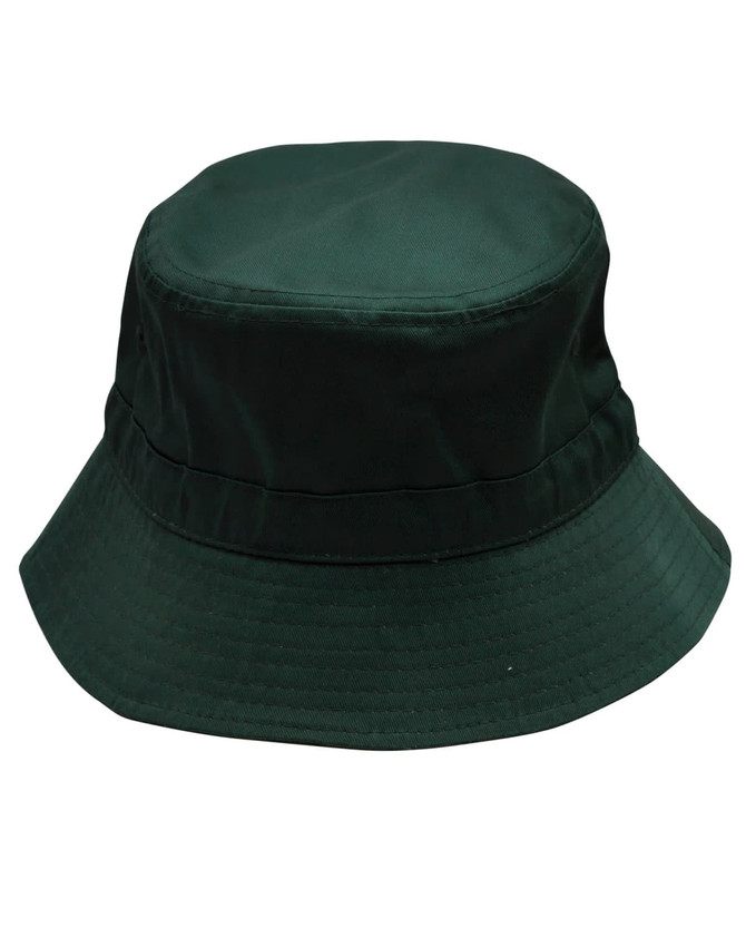 A dark green bucket hat featuring a wide brim and a toggle for adjustment. The hat includes a logo.