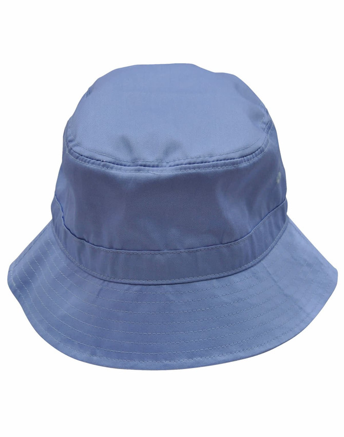A light blue bucket hat with a toggle and a brim. Features a logo on the side.