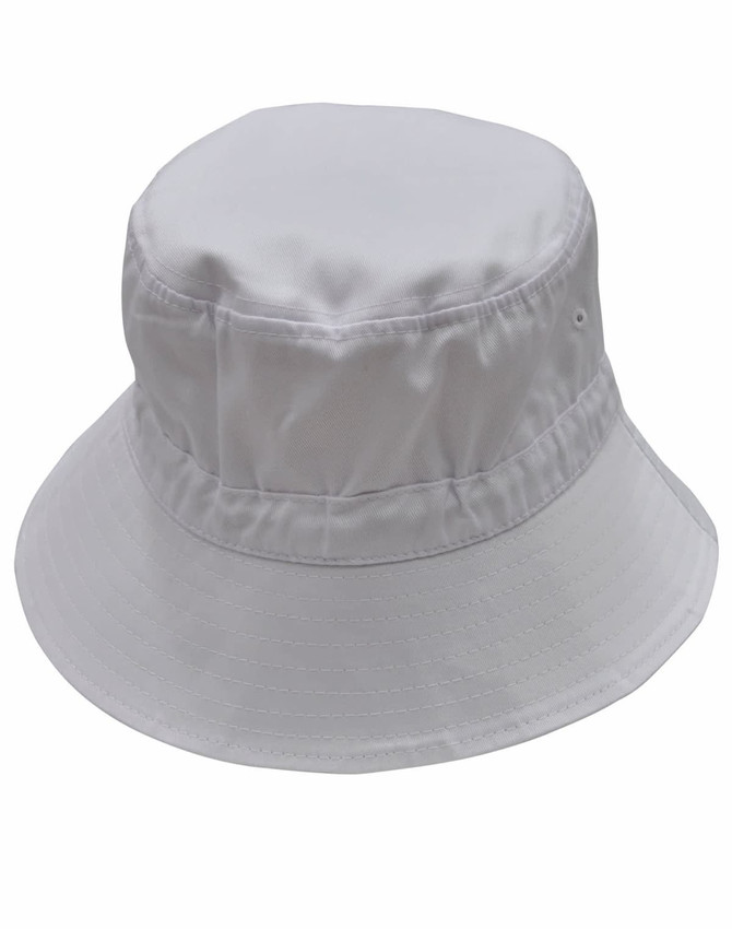 A white bucket hat with a toggle, featuring a wide brim and a structured crown, includes a branding logo.