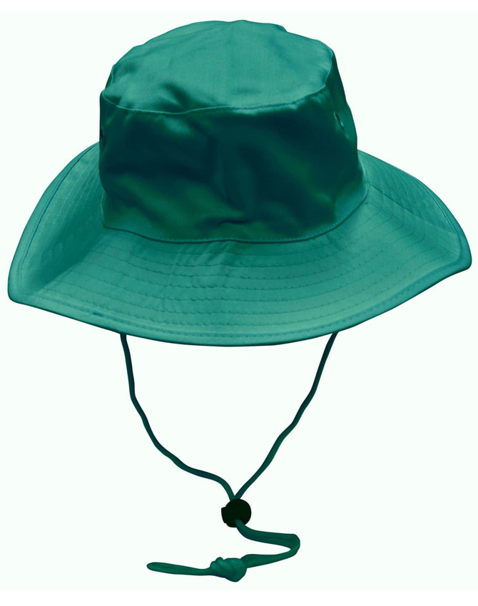 A green surf hat with a wide brim and a clip-on chin strap. It features a logo on the side.