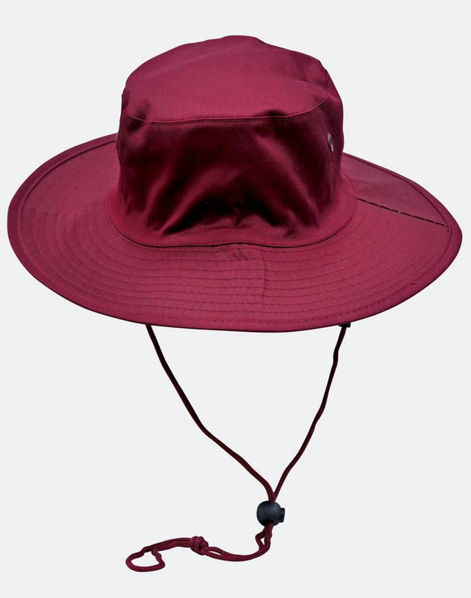 A maroon surf hat with a wide brim and a clip-on chin strap. It features a logo on the side.