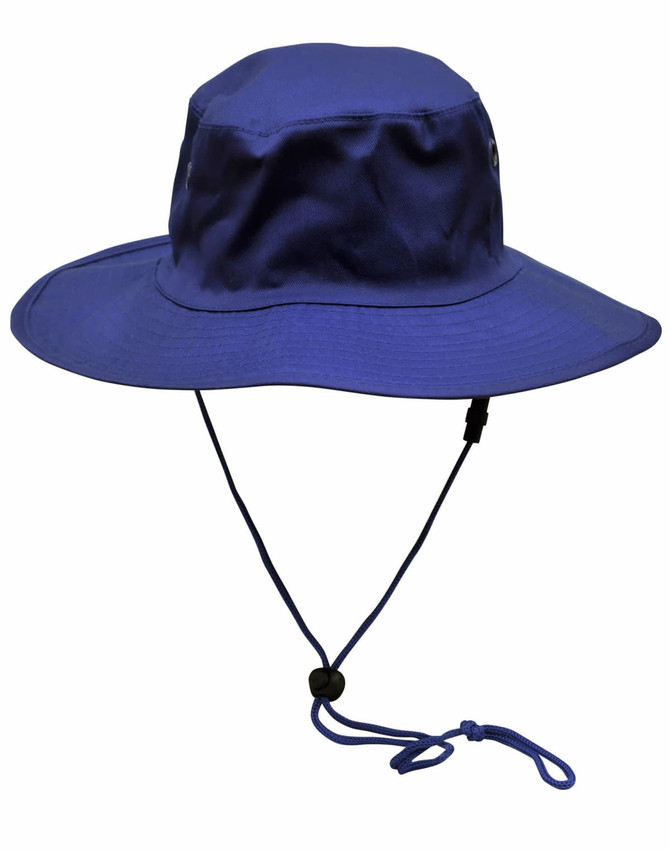A blue surf hat featuring a clip-on chin strap and eyelets for ventilation. It has a wide brim for sun protection.