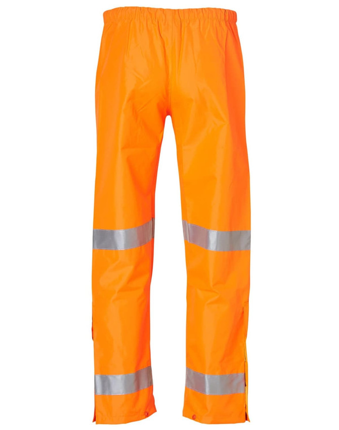Hi-Vis safety pants in bright orange, featuring reflective 3M tape stripes for enhanced visibility and safety.