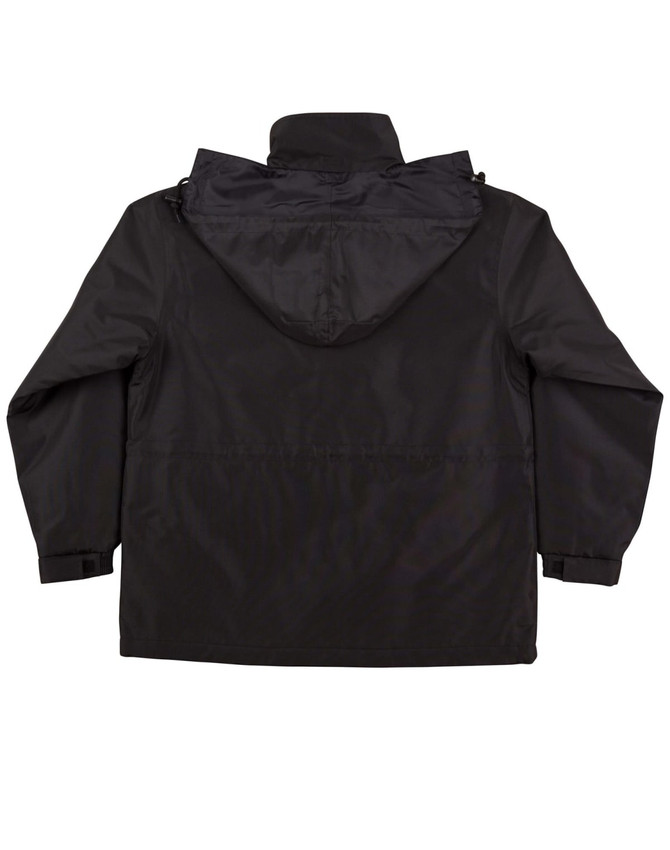 A black contrast jacket with a hood, featuring a branded logo. The design includes adjustable cuffs and a relaxed fit.