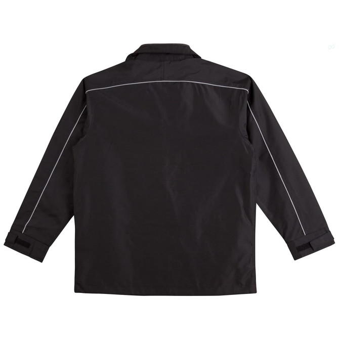 A black sport/racing jacket with white piping details and a simple design. It features a collar and long sleeves.