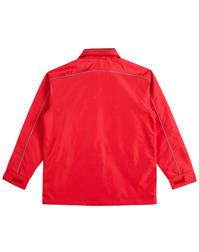 A red sport/racing jacket featuring a simple design and a logo on the back.
