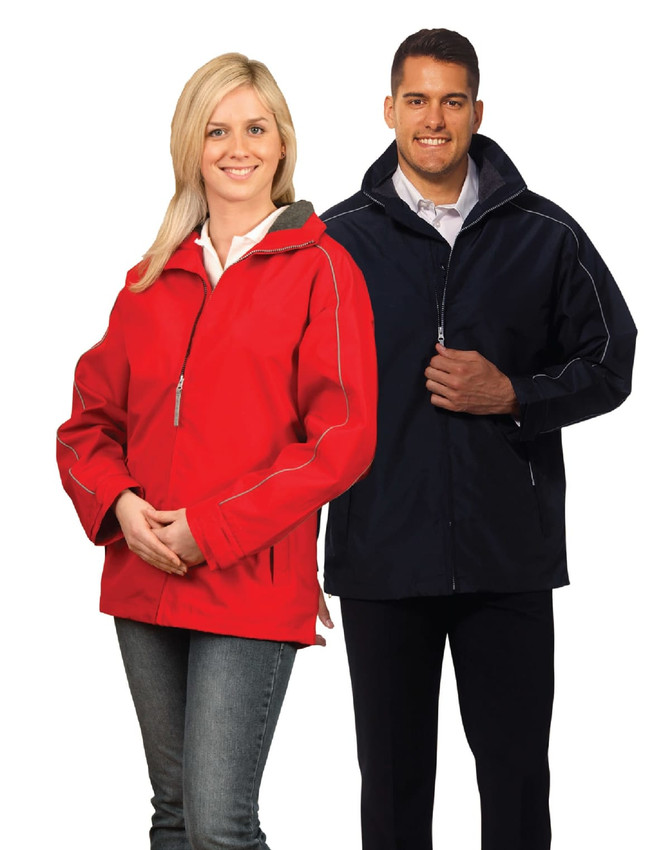 A red and a navy jacket displayed on two models, featuring zippers and contrast stitching. Both jackets have a logo.