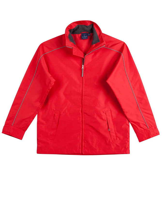 A red sport/racing jacket featuring a zip front, side pockets, and a collar. It has a logo on the chest.