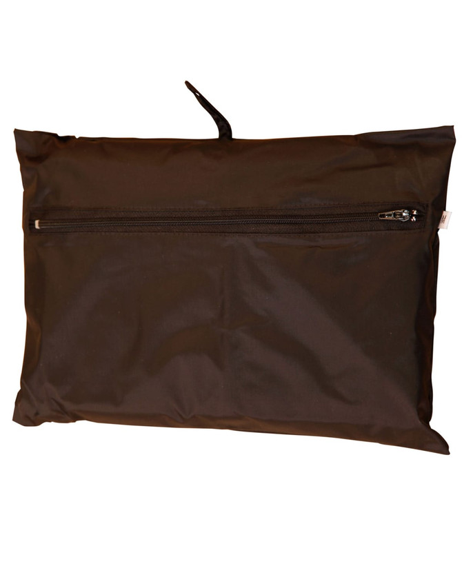 A black zippered pouch, ideal for storing outdoor activity spray jackets, featuring a simple design.