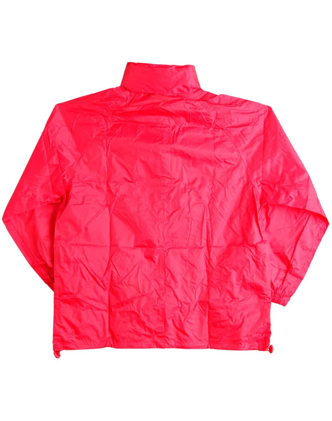 A bright pink kids' outdoor activity spray jacket features a high collar and long sleeves. It has a logo on it.