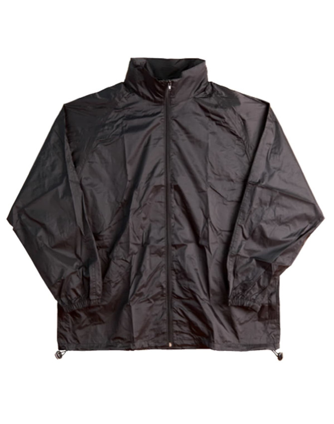 A black kids' spray jacket featuring a zip front, elastic cuffs, and a drawcord hem, with a logo.