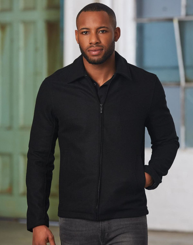 A black men's wool blend corporate jacket with a zip closure, featuring a simple design and a stylish collar.