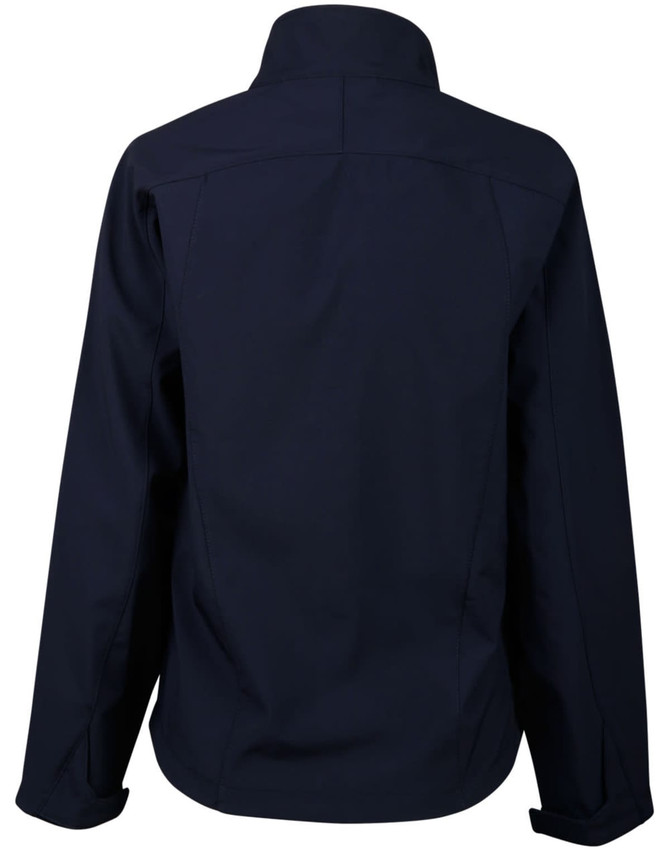 A navy ladies' softshell contrast jacket featuring a plain back design and a collar, with a logo present.