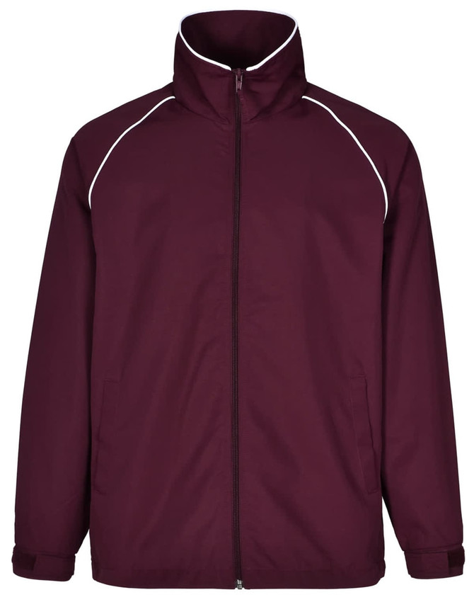 A maroon track jacket featuring white piping and a high collar, with a zip front and relaxed fit.