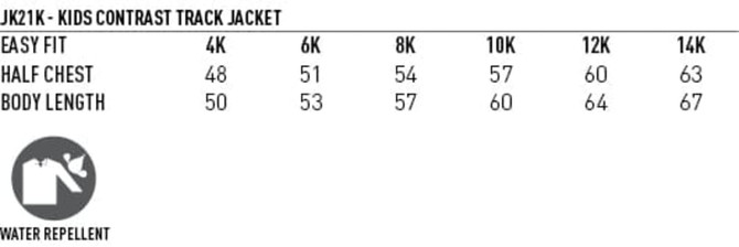 A kids' track jacket in multiple sizes, featuring a water-repellent design and a branded logo.