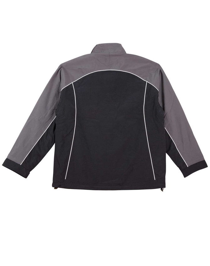 A reversible jacket featuring a black and grey design with contrasting white piping and a logo.