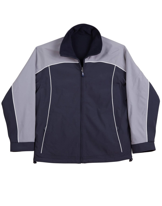 A navy and grey reversible jacket with contrasting panels and a high collar, featuring a logo.