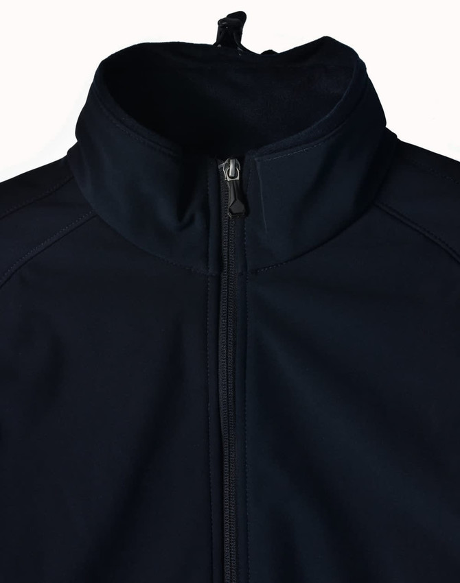 A high-tech men's softshell jacket in black with a zip closure and high collar, featuring a logo.