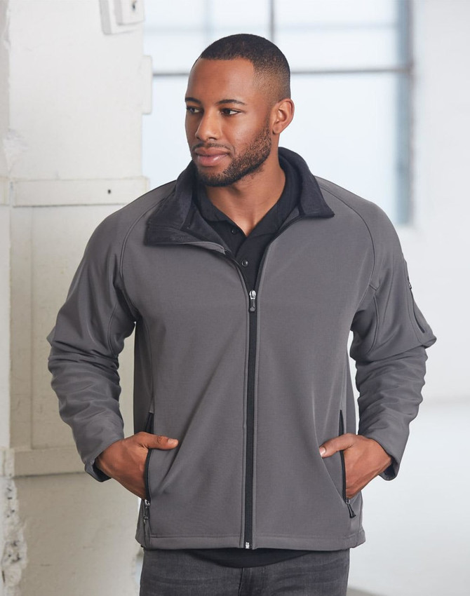 A men's softshell jacket in grey, featuring a zip-up front and side pockets, with a collar and branding.