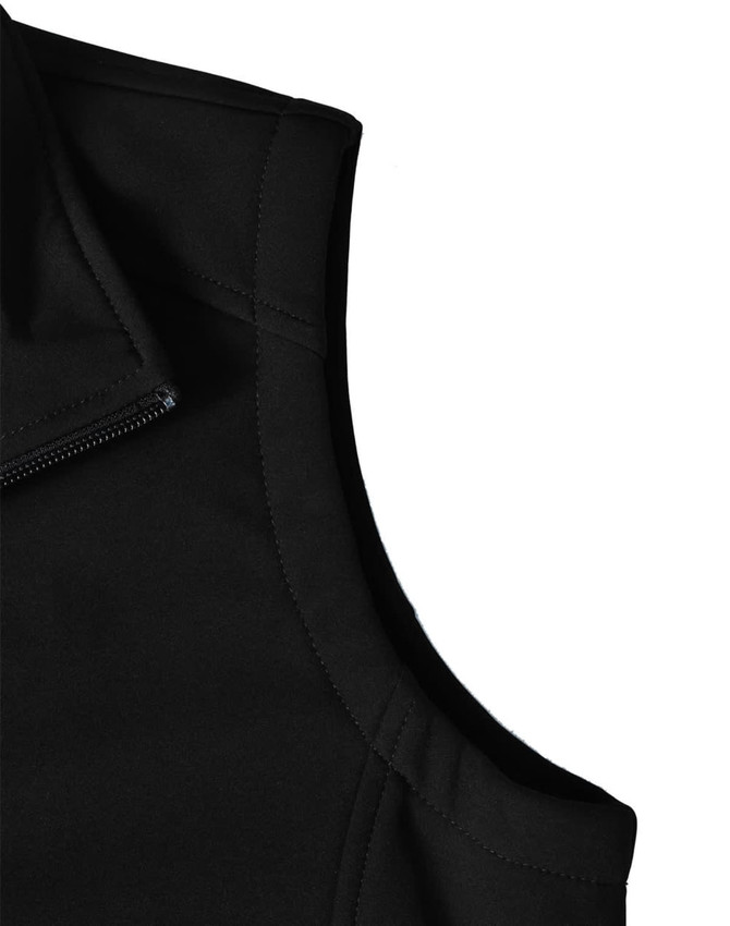 A black softshell hi-tech vest with a close-up view of the collar and zip detail, featuring a logo.