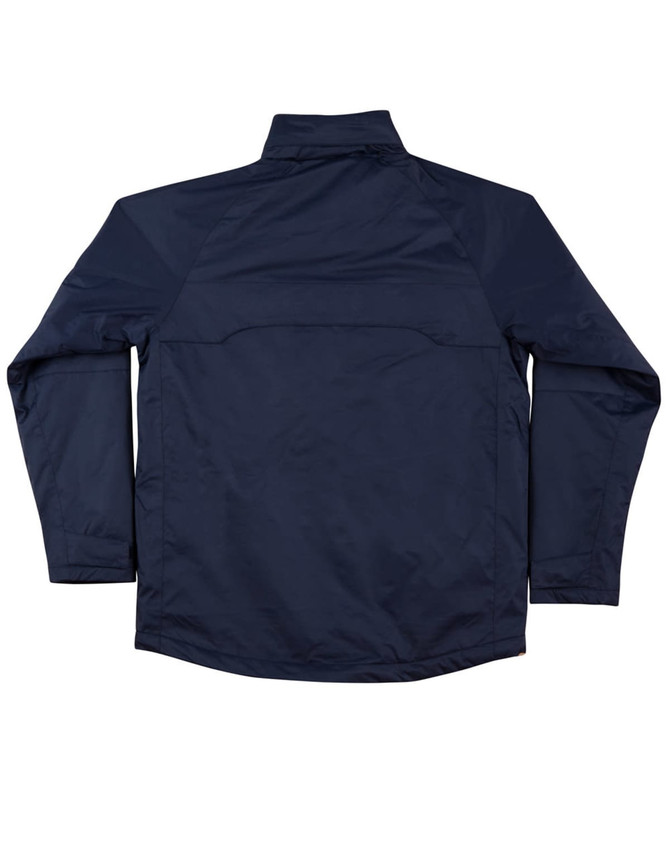 A navy blue men's chalet jacket with a simple design and a logo on the back.