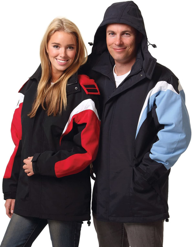 A tri-colour jacket with a hood in black, red, and light blue, displayed on a man and woman. The jacket features a logo.