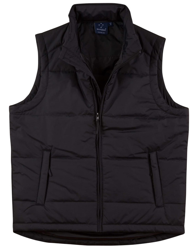 A black nylon rip-stop padded vest featuring a zip front and two front pockets. It has a branding label inside.