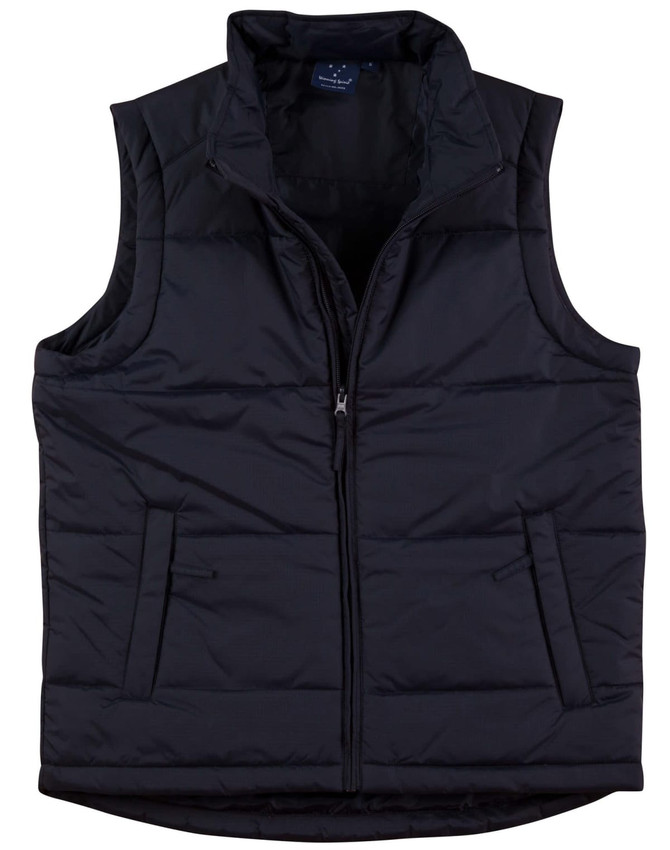 A black nylon rip-stop padded vest featuring a zip-up front and pockets, with a logo on the inner label.