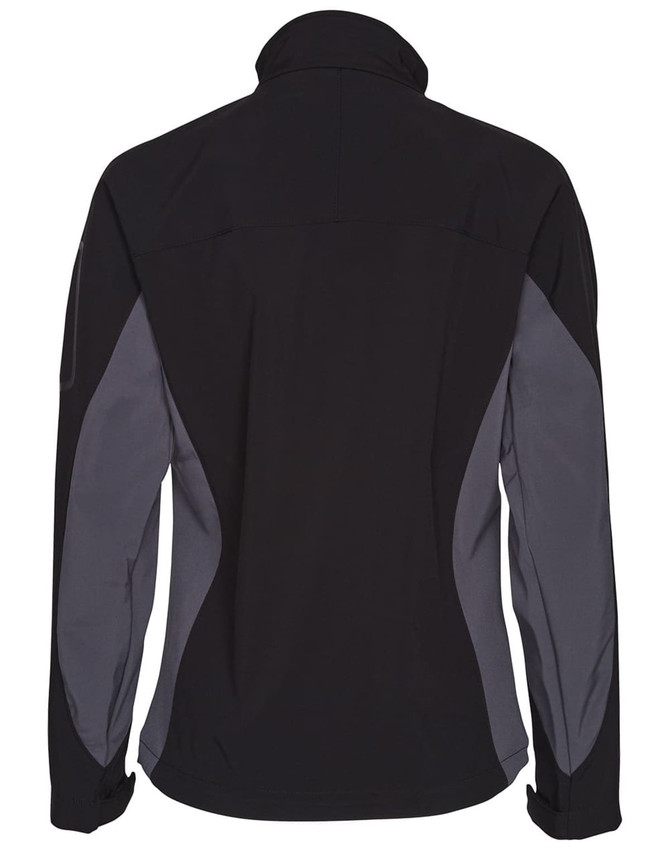 A softshell jacket in black with grey contrast panels, featuring a high collar and a logo on the sleeve.