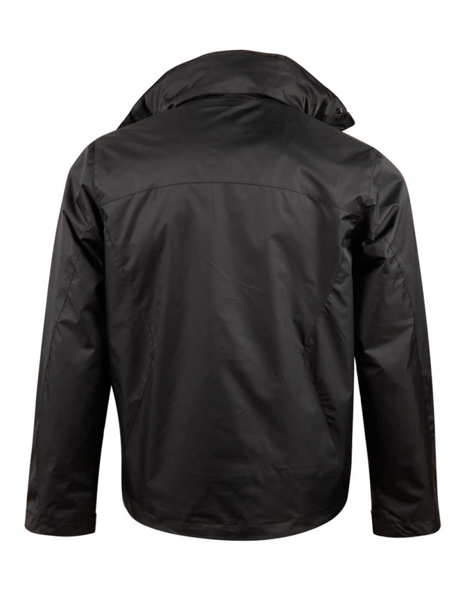A black jacket featuring a high collar and a clean back design, including a logo.