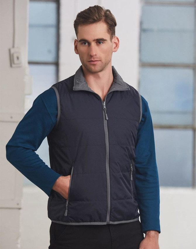 A navy blue men's vest with grey accents, featuring a zip front and pockets.