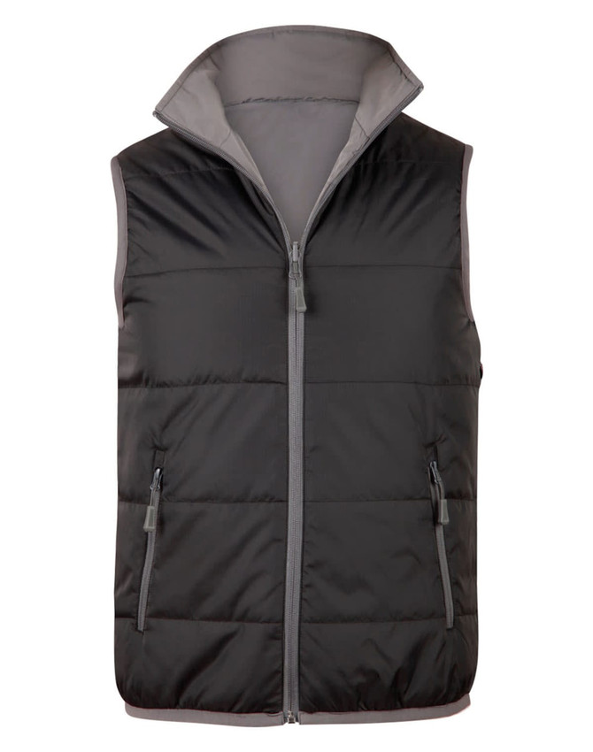 A black and grey insulated vest featuring a zip front and two side pockets, with a logo on the front.