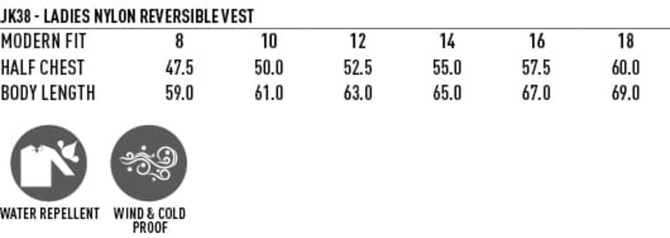 A ladies' reversible vest in various sizes, featuring a water-repellent and windproof design, presented in a neutral colour.