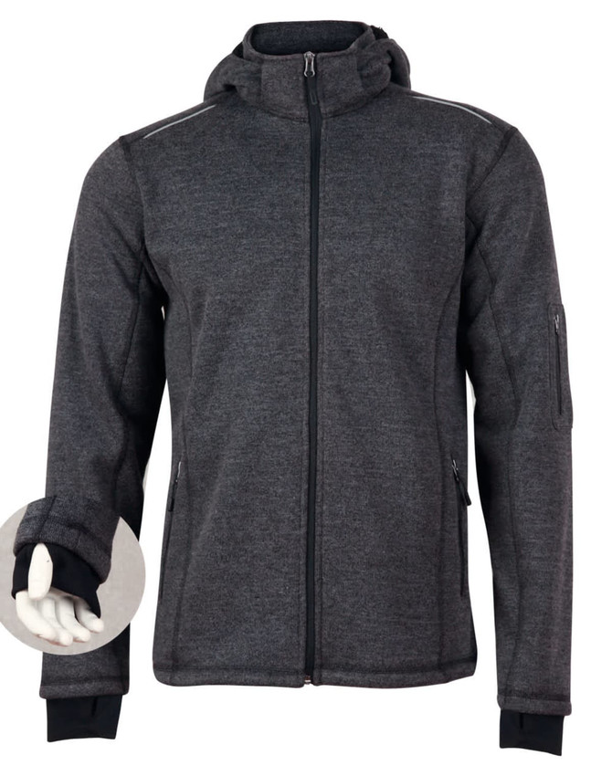 Men's heather bonded fleece jacket in dark grey with a hood, featuring zip pockets and a logo.