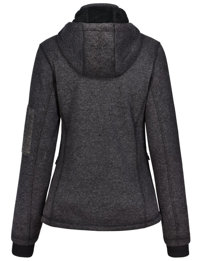 A ladies' grey bonded fleece jacket with a hood, featuring a fitted design and an included logo.