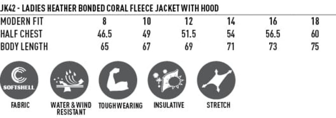 A ladies' bonded coral fleece jacket with a hood, featuring a modern fit and a soft-shell fabric.