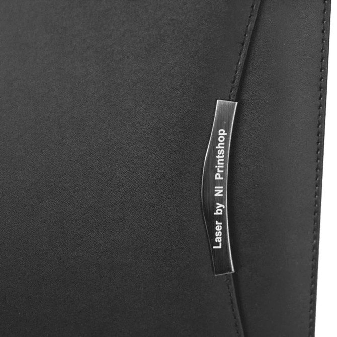 A black zippered compendium with imitation leather finish and a metal logo on the side.