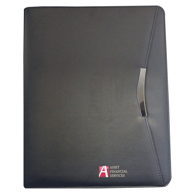 A black imitation leather A4 zippered compendium with a silver clip and a logo on the front.