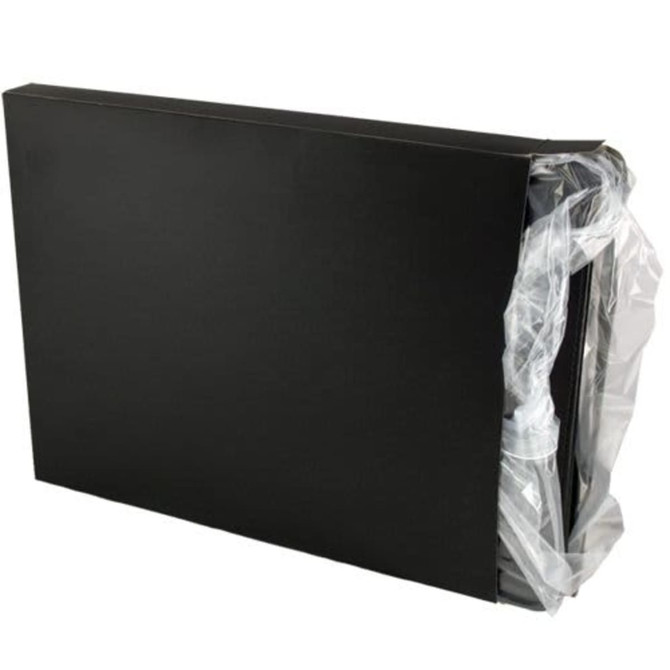 A black imitation leather A4 zippered compendium with a plastic covering and a logo.