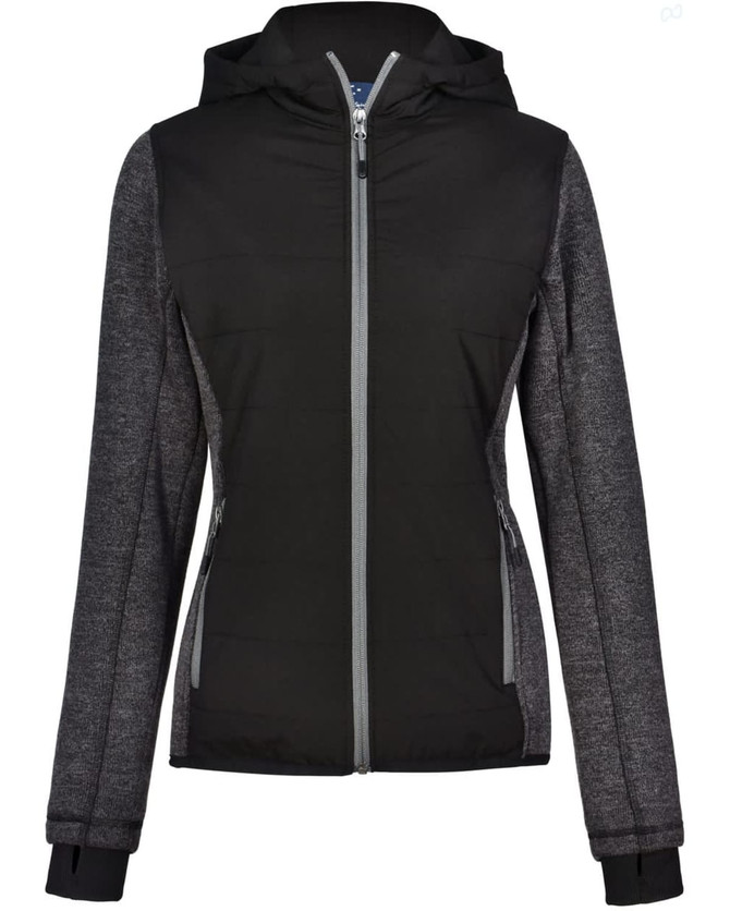 A ladies' black heather sleeve and quilted body jacket with a hood and zippered front pockets.