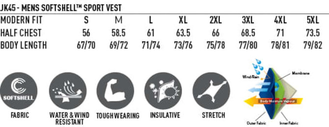 A technical chart displaying sizing and features for a Men's Softshell Contrast Vest in various sizes.