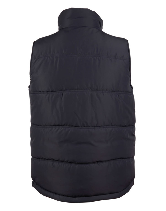 A heavy quilted vest in black, featuring a high collar and a simple design. Includes a logo on the back.