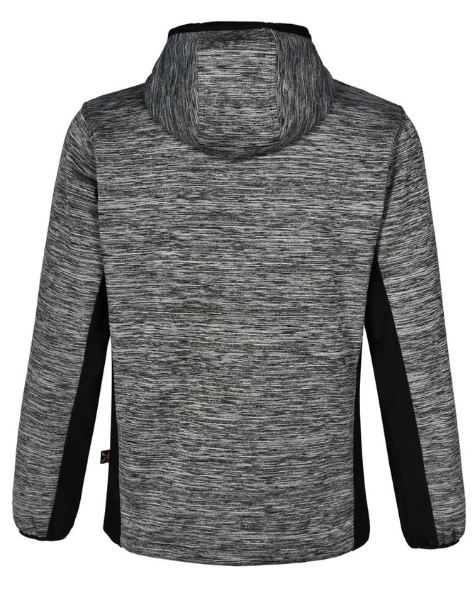 A grey and black work hoodie featuring a hood and a textured design. It has a logo on the side.