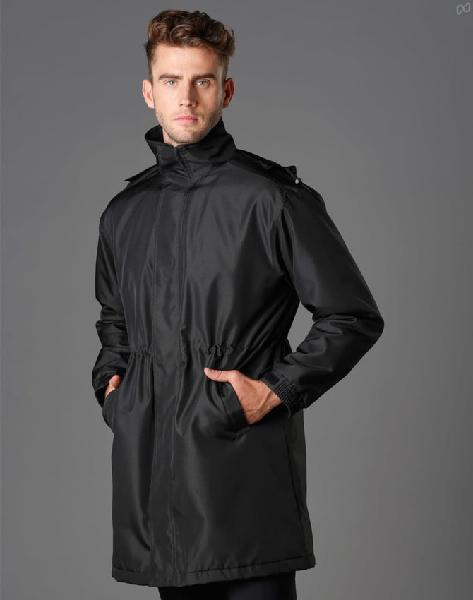 A black long line stadium jacket featuring a zip front, adjustable drawstring waist, and two side pockets.