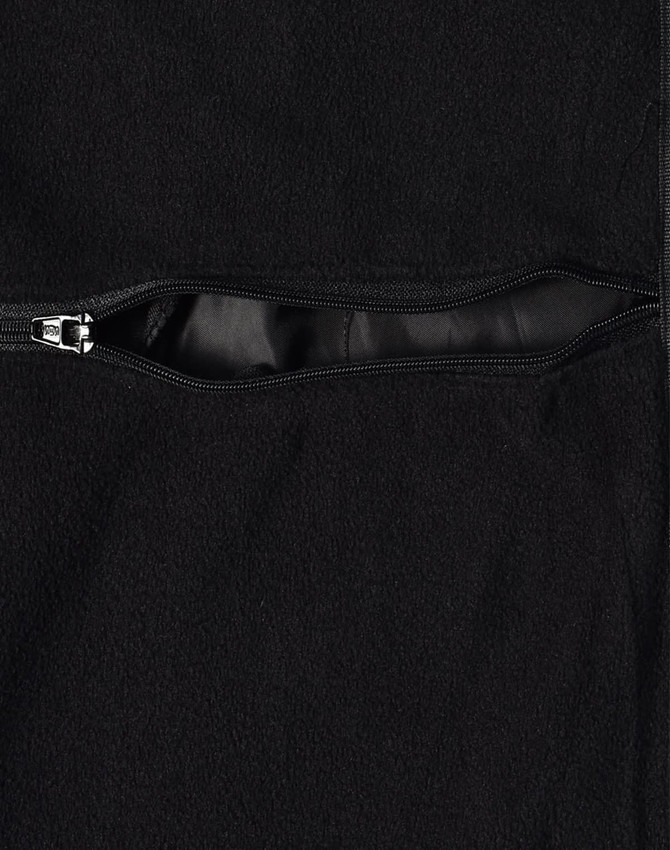 A black Long Line Stadium Jacket featuring a zippered pocket and a smooth lining. The jacket has a branding logo.