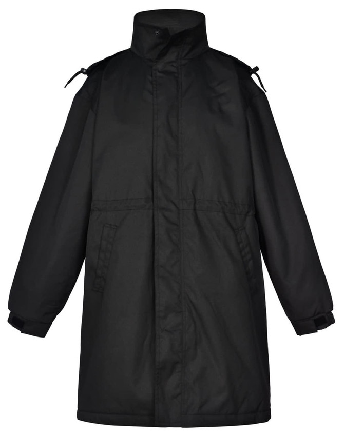 A long black stadium jacket with a high collar and adjustable features, featuring a logo on the design.