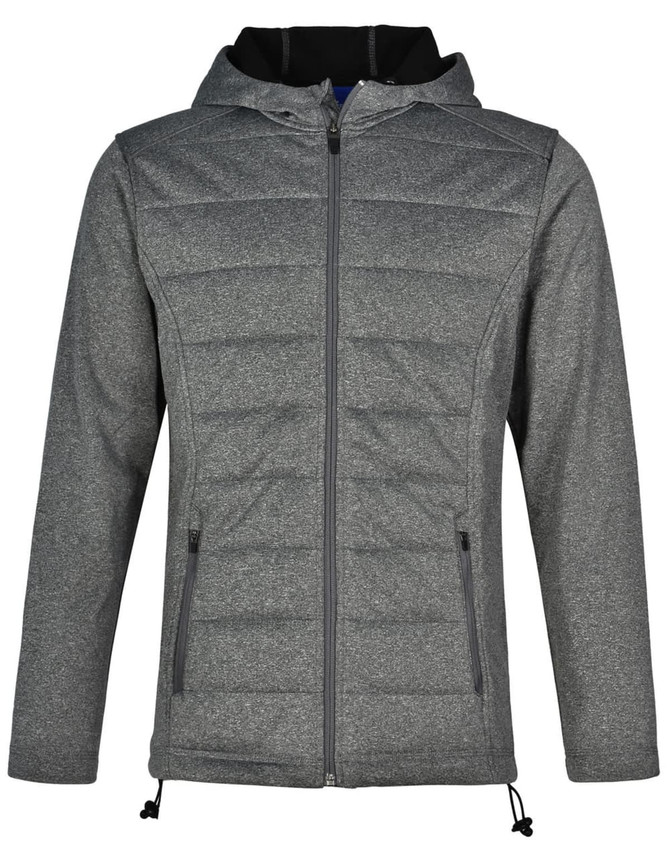 A grey cationic quilted jacket with a hood and zip closure, featuring a logo on the chest.