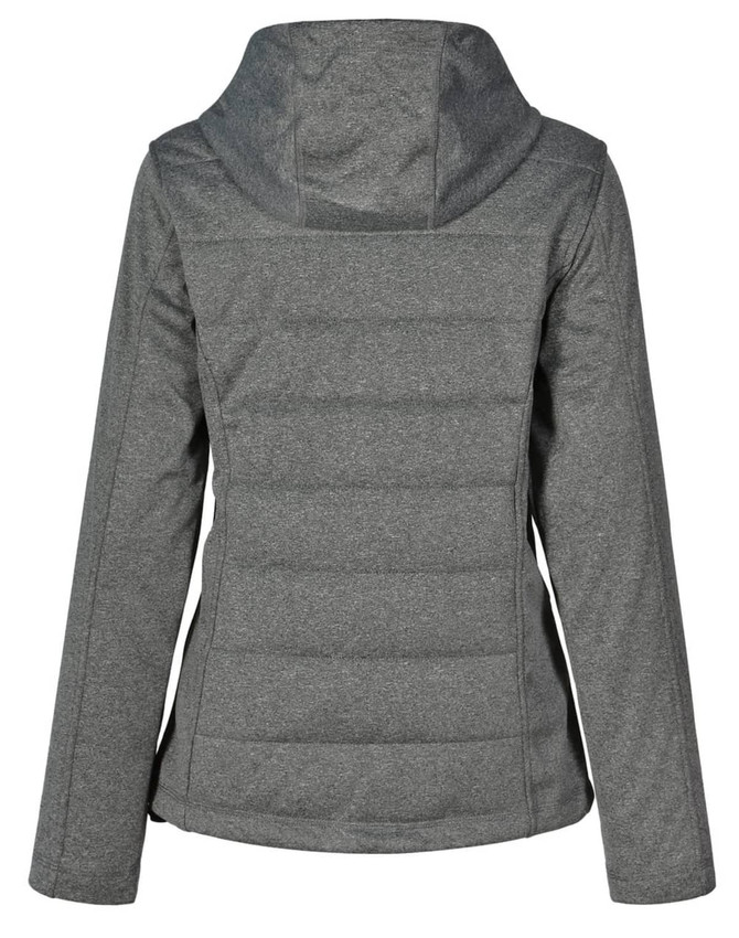 A grey cationic quilted jacket with a hood, featuring a structured back and a logo.