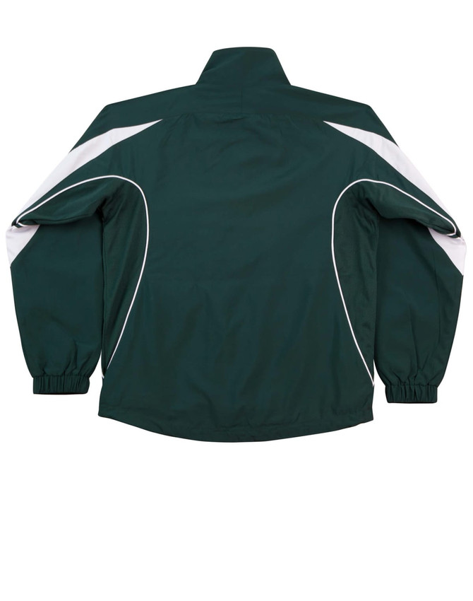A dark green track jacket with white accents and elastic cuffs, featuring a logo on the back.